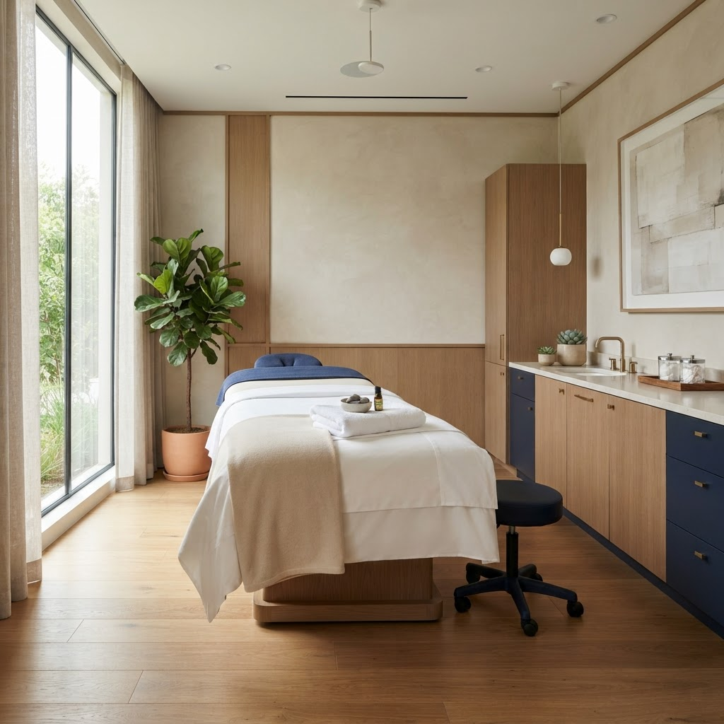 Clean, minimalist wellness clinic treatment room with a fresh treatment bed and natural light