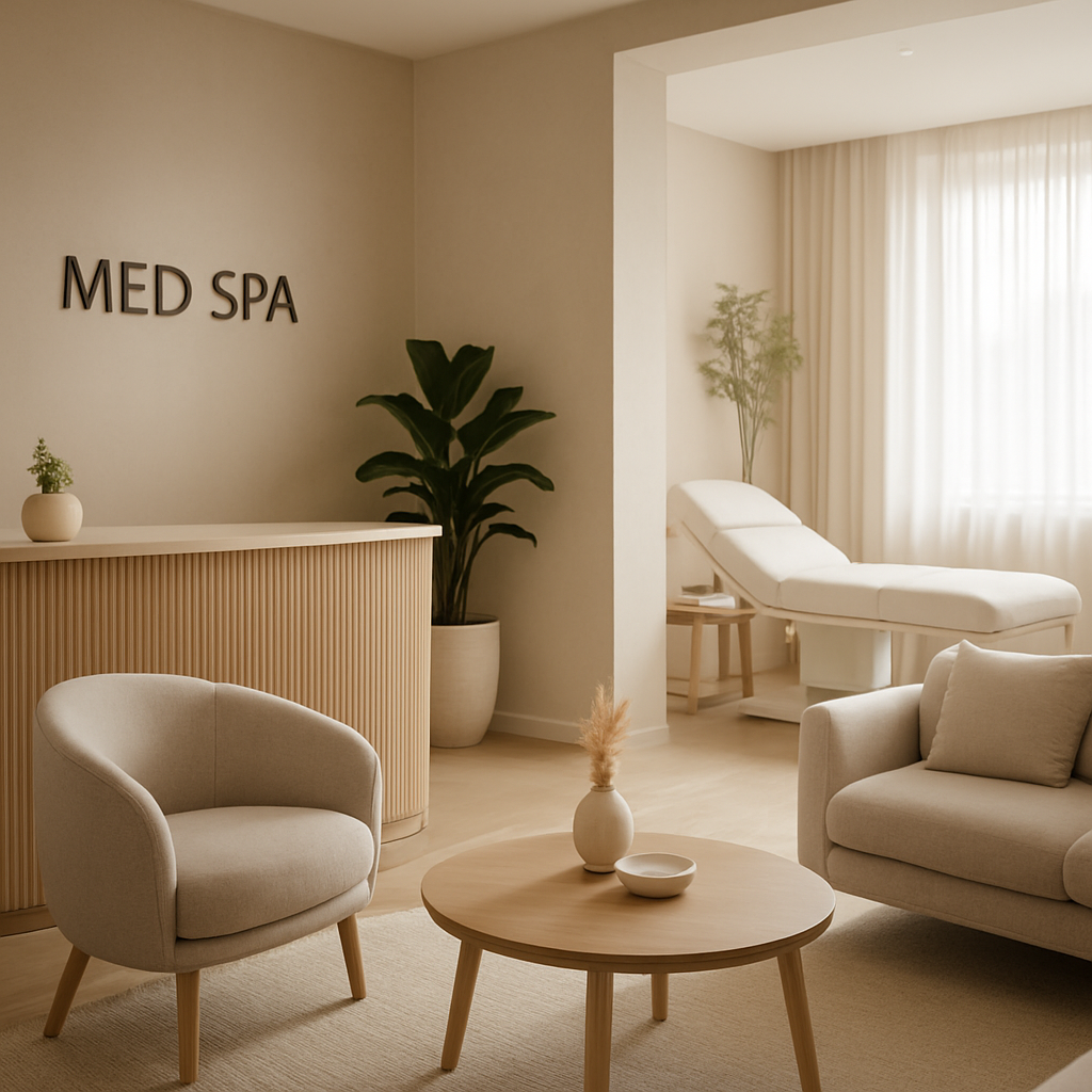 Modern luxury med spa reception and treatment lounge interior