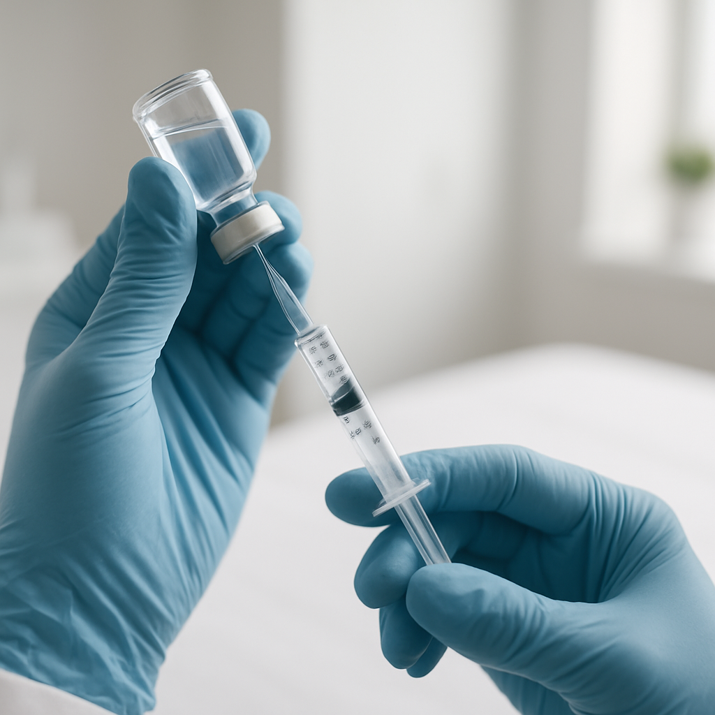 A clinician preparing a peptide protocol dose from a vial into a syringe