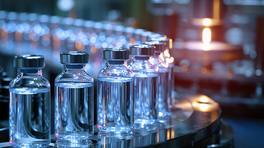 Pharmaceutical-grade peptide vials on a clinical production line
