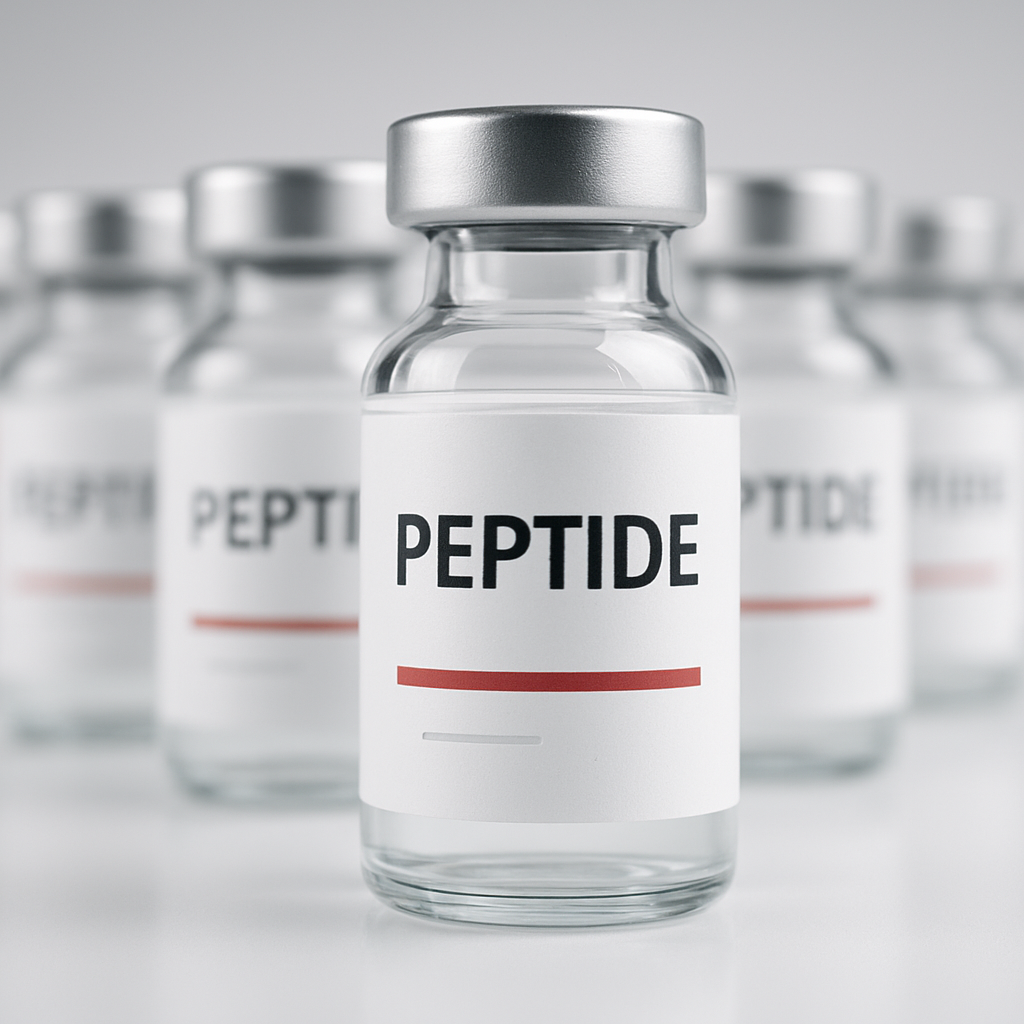 Pharmaceutical-grade peptide vials arranged on a clean clinical surface